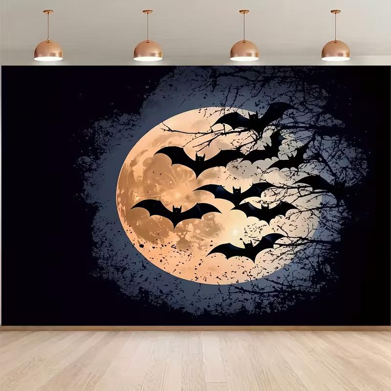 

2D Black Bats on Full Moon Backdrop for Halloween Party, Trick-or-Treat and Haunted House Decor 47.2x31.5inch/120*80cm