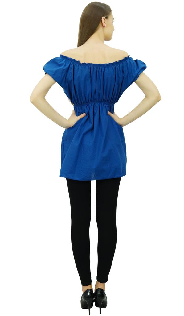 Bimba Women's Off shoulder Puff Sleeve Tops Elastic Waist Blouse Cotton