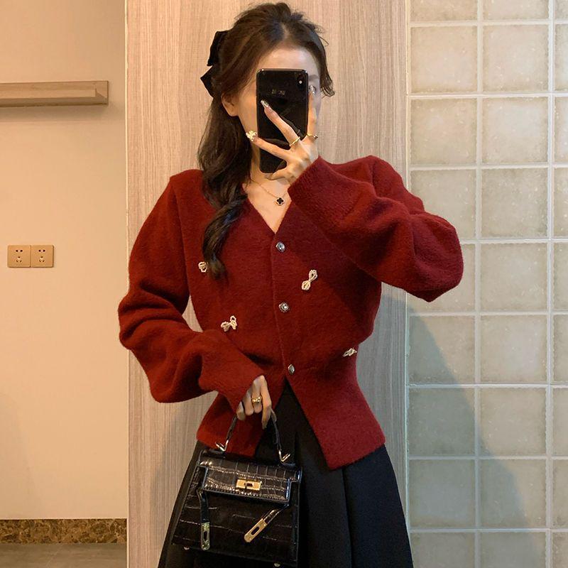 Women's Soft Pearl Knit V-Neck Cardigan: New Year Red with Waist-Cinching Bow