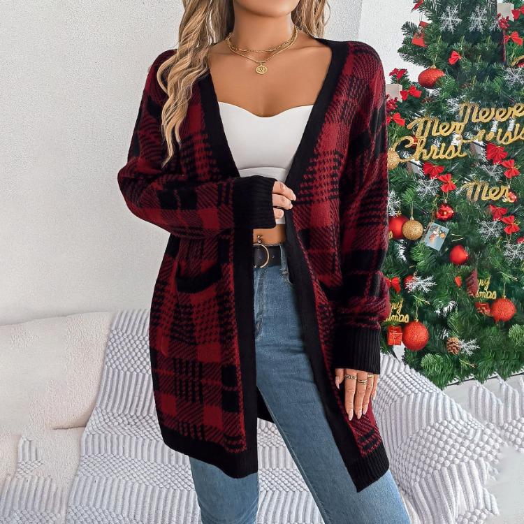 Vintage Christmas Knitwear Sweater Loose Cardigan Long Sleeve V Neck Top for Autumn Winter