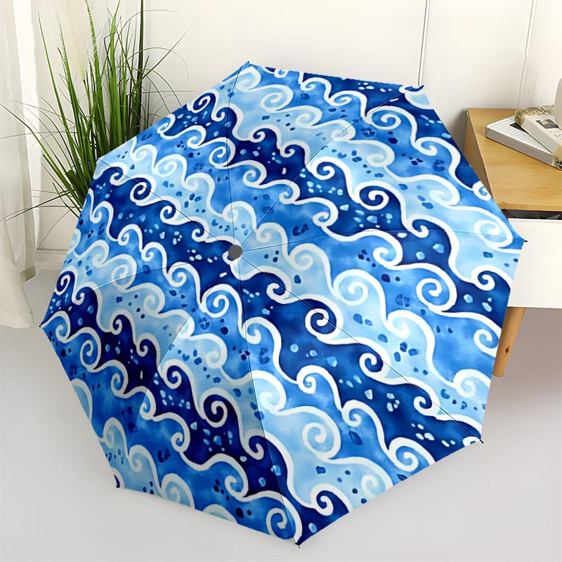 

1pc Ocean Waves Pattern Automatic Folding Umbrella. Portable collapsible design, Best birthday festival gift yy250924170