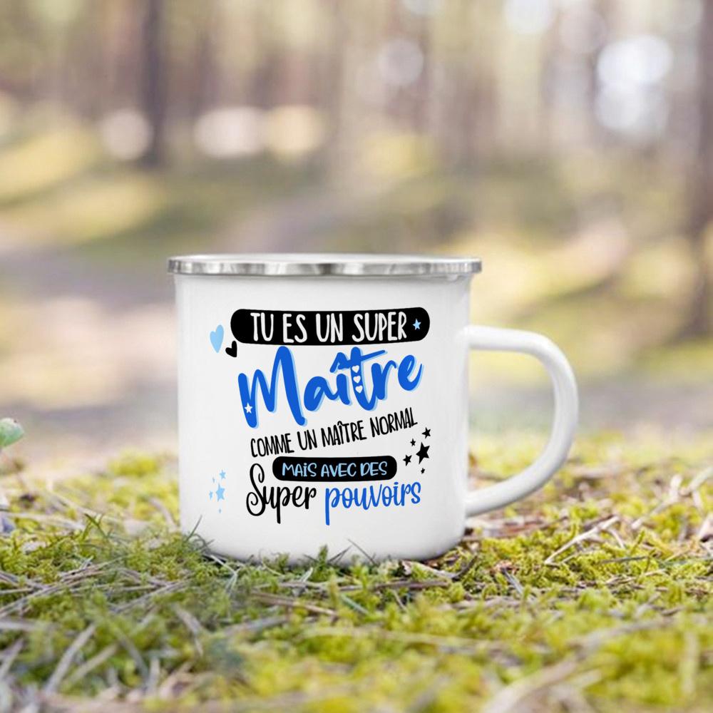 Merci Maitre French Print Mug Creative Coffee Cups Drinks Enamel Cup Vintage Handle Drinkware Thanks Graduate Gifts for Teacher