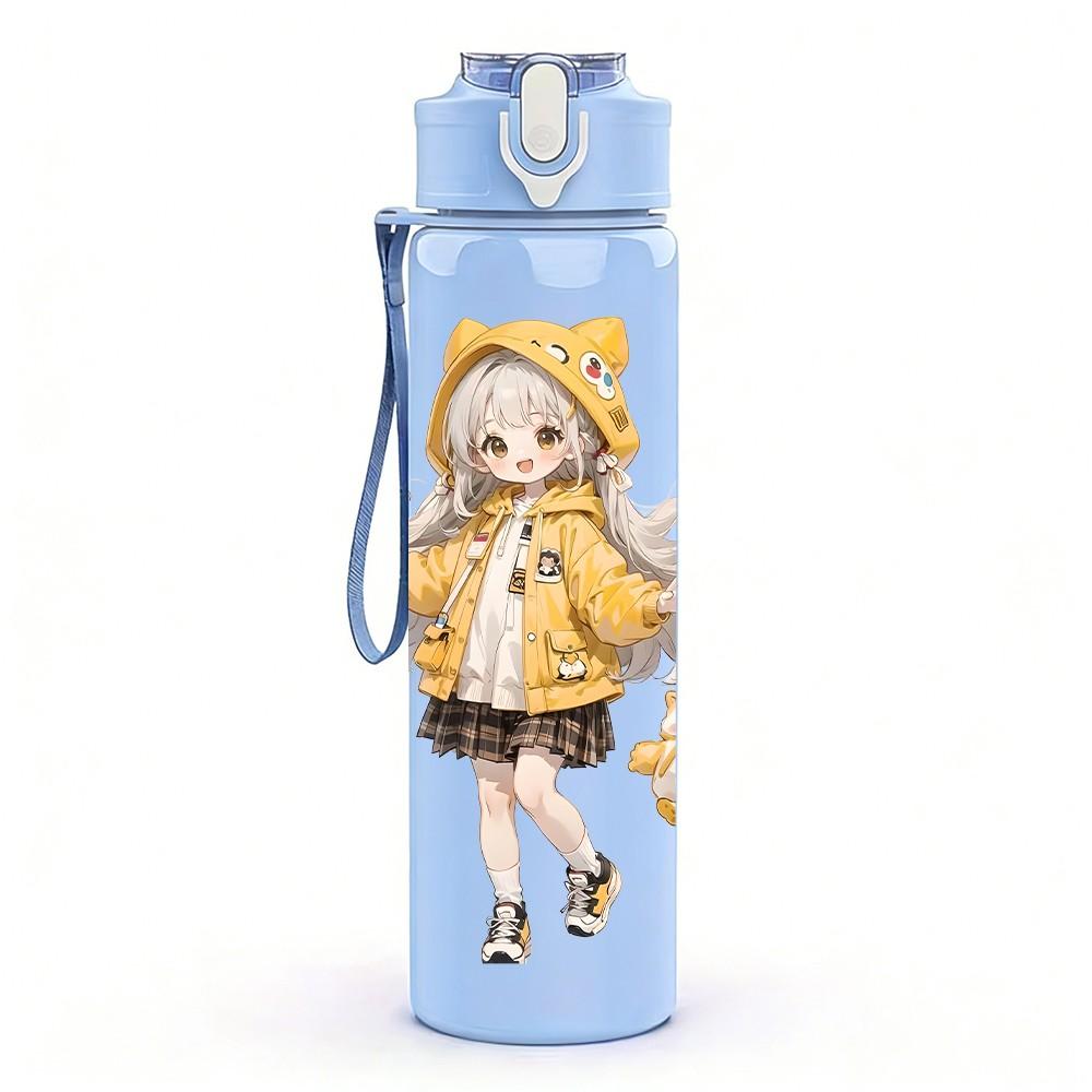 1PC Hooded Girl Autumn Outfit Pattern 750ml Color Plastic Sports Water Bottle Leakproof Flip Straw Lid Suitable for Sports Office Home Use