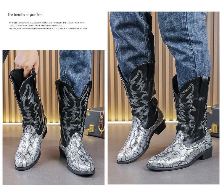 Men's Mid-Calf Snake Print Leather Western Cowboy Boots