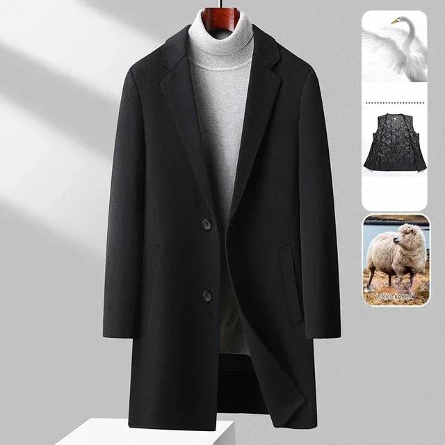 %100 Üst Düzey Yün El Yapımı Çift Taraflı Yünlü Kaban Orta Uzun Takım Yaka Kaz Tüyü Çıkarılmış İç Yünlü Erkek Kaban