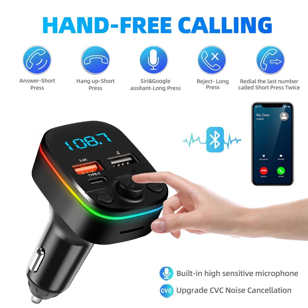 Car FM Transmitter Bluetooth 5.0 Handsfree With Type-C Dual USB 3.4A Fast Charger Ambient Light Cigarette Lighter FM Modulator