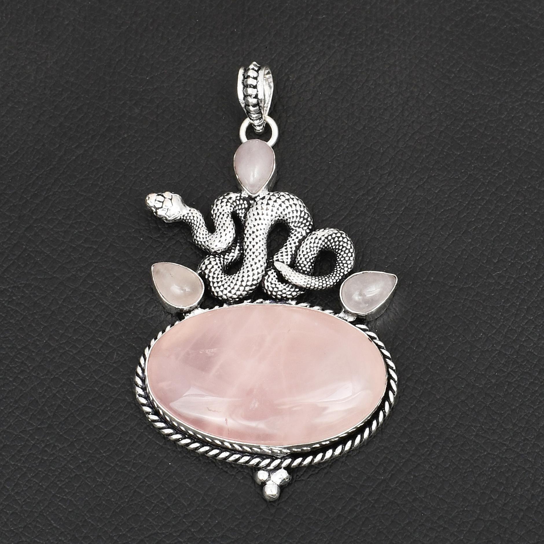 

Handmade 925 Sterling Silver Snake Pendant with Natural Rose Quartz Gemstone Jewelry for Women
