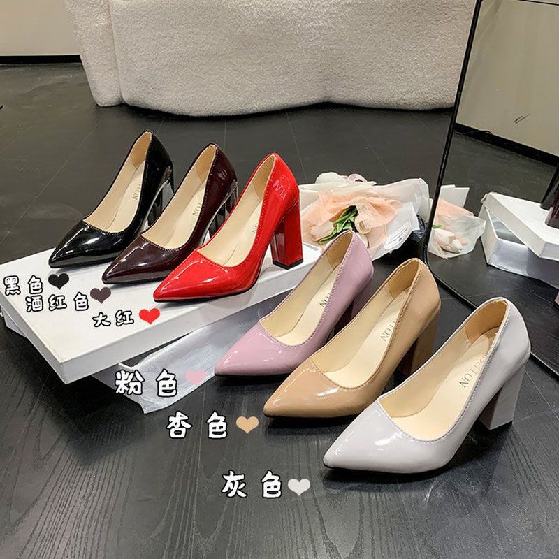 Fashion Big Size Shoes Woman Sandals Ladies Patent Leather Beige High Heels Work Dress Professional Large African 12cm Block Office
