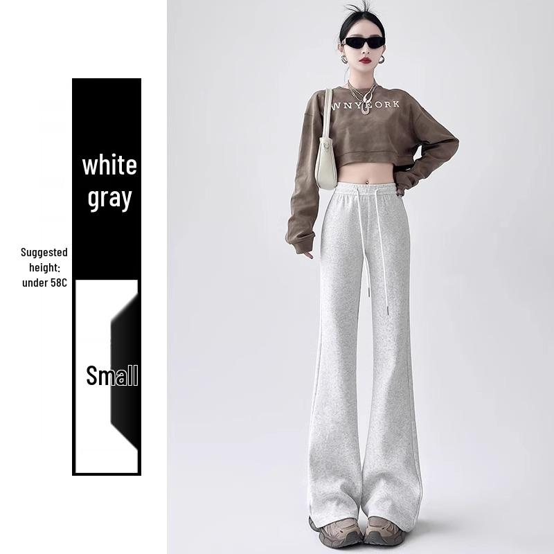 Petite High Waist Flare Sweatpants for Women - White/Grey, Slimming Horseshoe Design, Drawstring, American Style, Spring/Autumn.