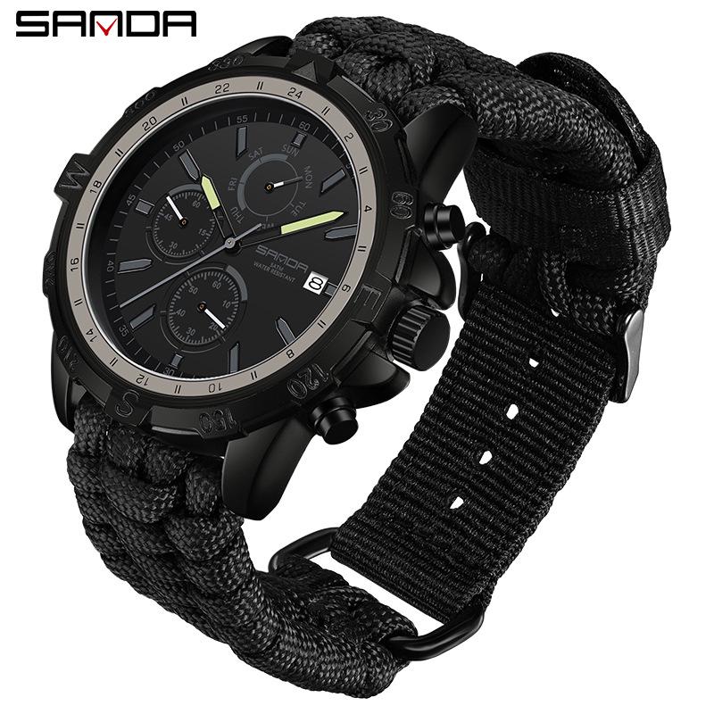 Sanda Three-Eye Quartz Men s Watch: Luminous, Waterproof, Leather  Woven Straps for Outdoor Sports