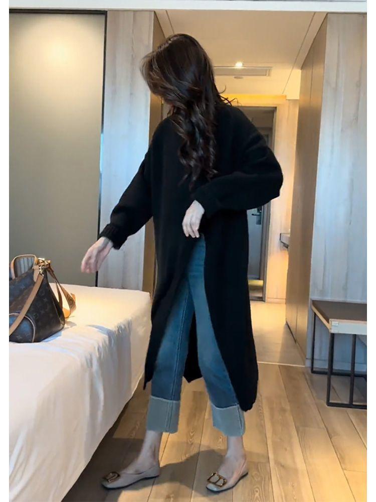 

Продвинутый и непринужденный пуловер, вязаное платье с боковым разрезом для женщин, неправильный силуэт, базовый, свитер длиной до колена, длинная юбка One Size чёрный