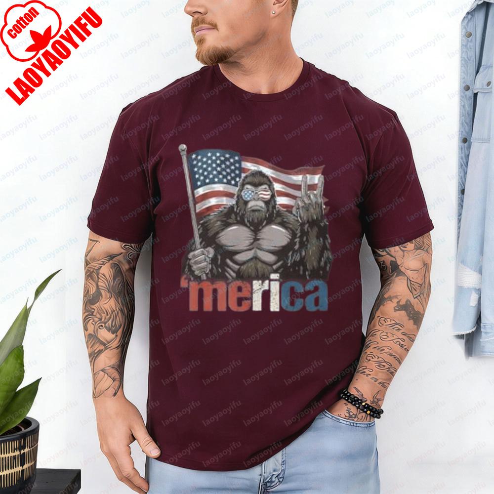 4th of July TShirt Gorilla American Flag Design Tops Patriotic Heritage Cotton Tee Funny Vintage Classic Fashion Man Streetwear