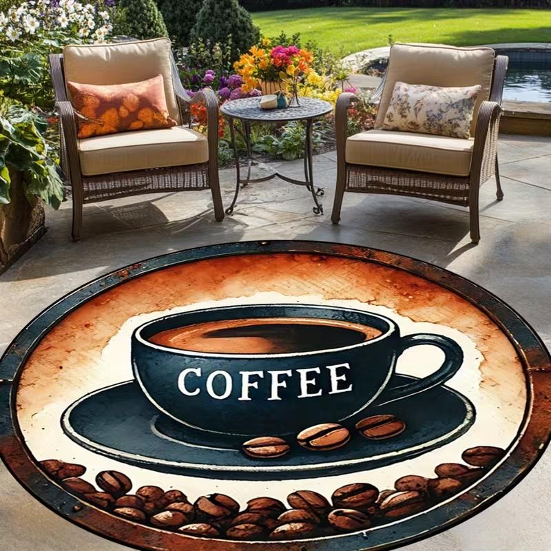 Vintage Retro Letter Print Round Area Rug Rustic Coffee Shop Themed Non-Slip Floor Carpet Outdoor Patio Decor Mat for Porch
