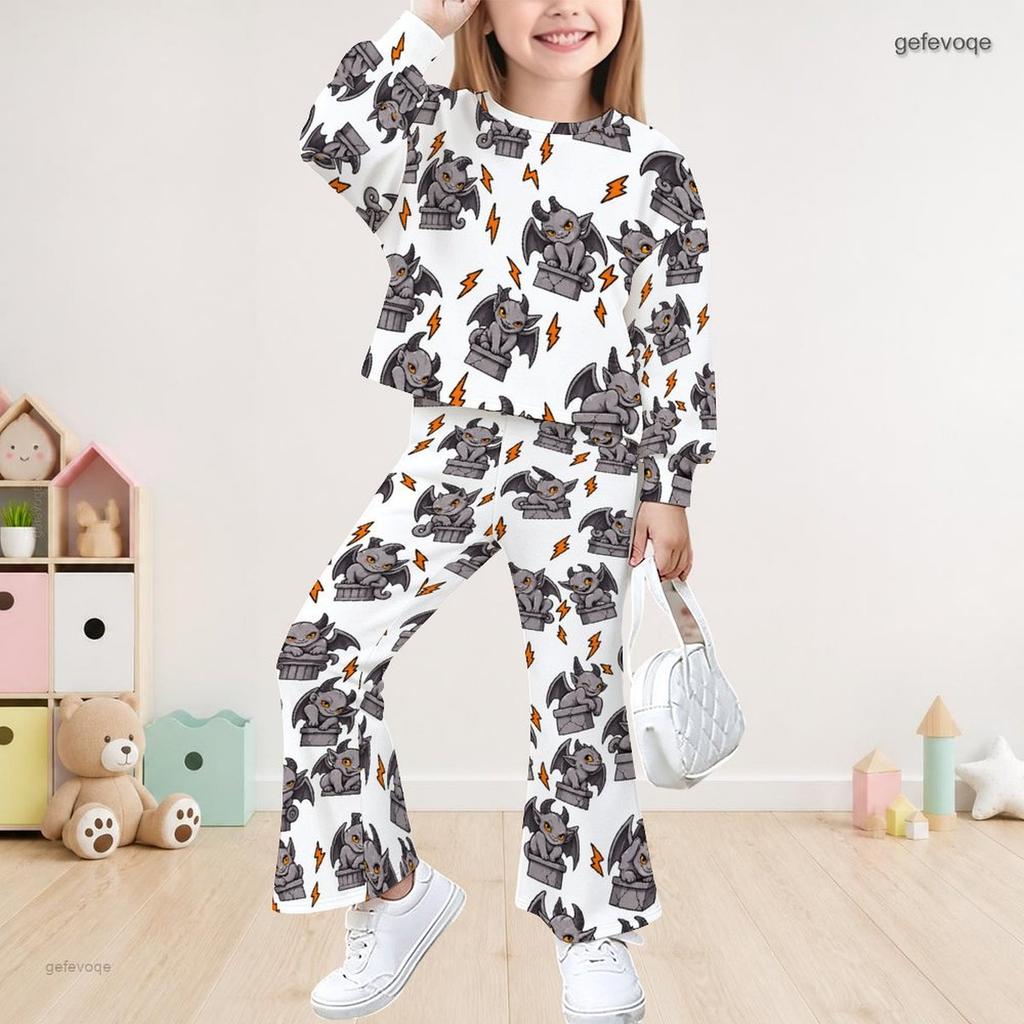 Dívčí bílý top s dlouhým rukávem a potiskem strašáka a zvonové kalhoty, neformální dvoudílný outfit