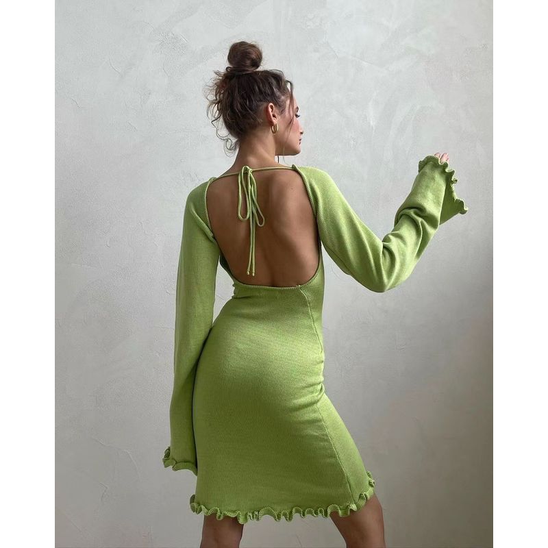 

New Sexy Lace-up Backless Flare Sleeve Stringy Selvedge Dress Sexy Open Back Knit Dress Green S