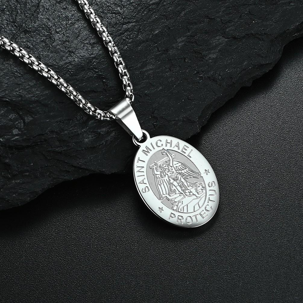Men's Summer Trendy Black Saint Michael Pendant Necklace