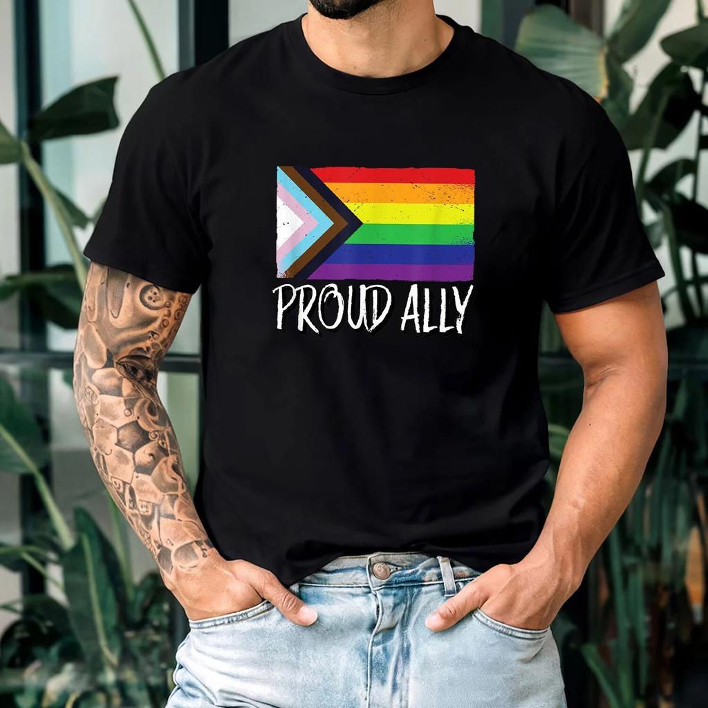 Proud Ally Shirt LGBTQ Pride Month Black Rainbow Flag Support Unisex Tee