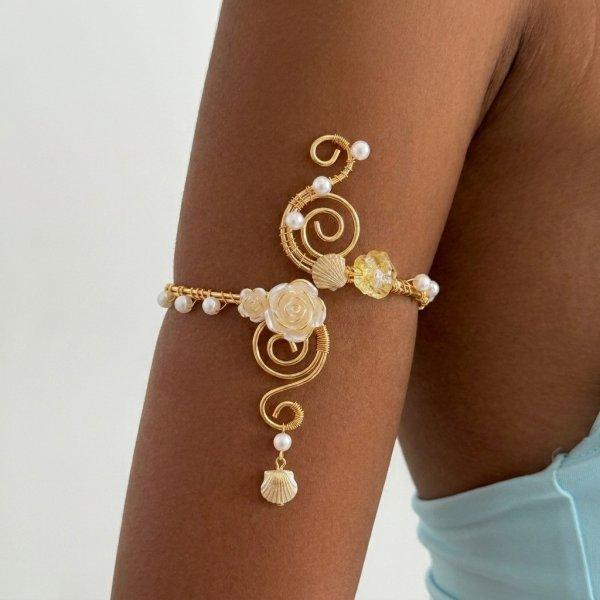 Boho Elegant White Flower Open Cuff Armlet for Women Vintage Gold Wire Wrapped Adjustable Arm Bracelet Beach Body Jewelry