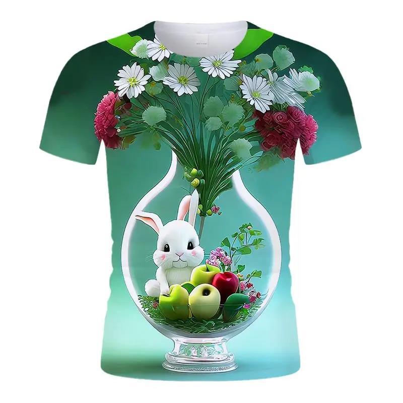 

Летняя футболка с круглым вырезом и 3D-принтом «Кролик в вазе», модная, повседневная, с коротким рукавом, детская, для мальчика 170