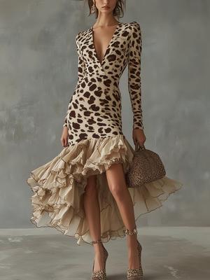 Women's Long Sleeve V-Neck Digital Printed Stone Texture Patchwork Mesh Dress