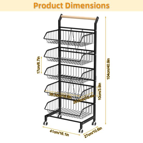 Fruit Vegetable Basket, 5-Tier Adjustable Rolling Pantry Kitchen Cart On Wheels, Metal Wire Storage Basket Cart for Fruit, Potato, Onion, Vegetable,