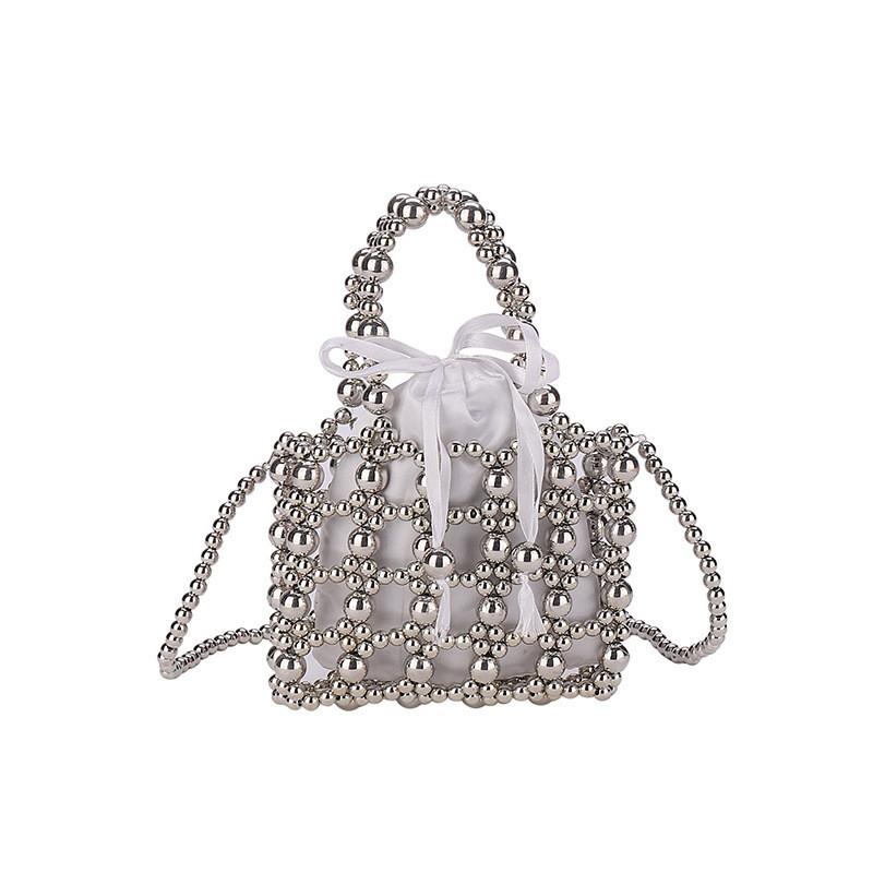 

Trendy Pearl Hollow Design Kids Shoulder Bag With Elegant Bow For Fashionable Youngsters Silver