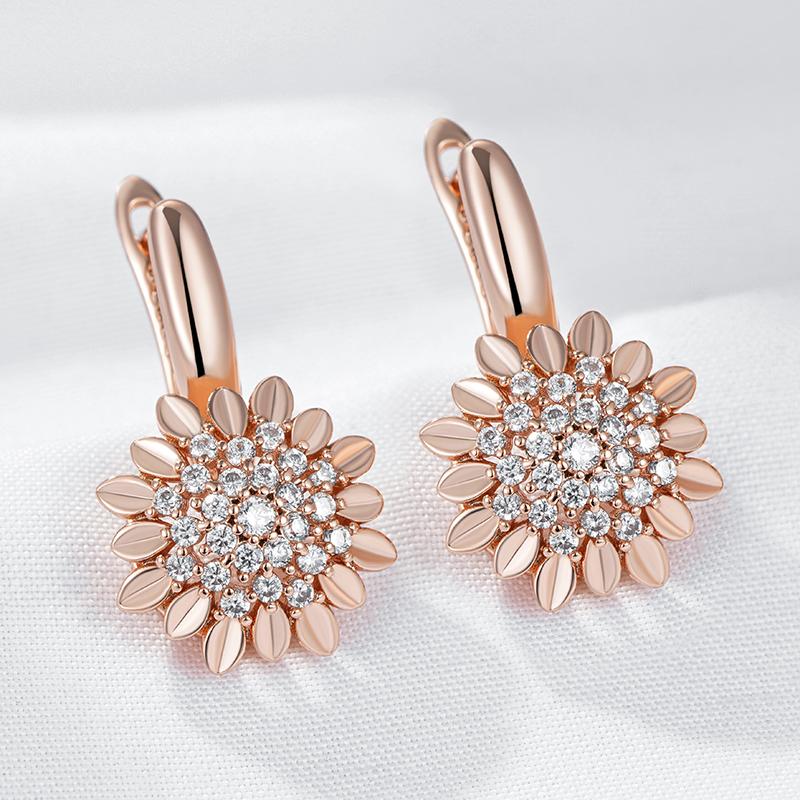 Rose Gold Color Creative Crystal Flower Drop Earrings For Women Fashion Natural Zircon Accessories Vintage Jewelry