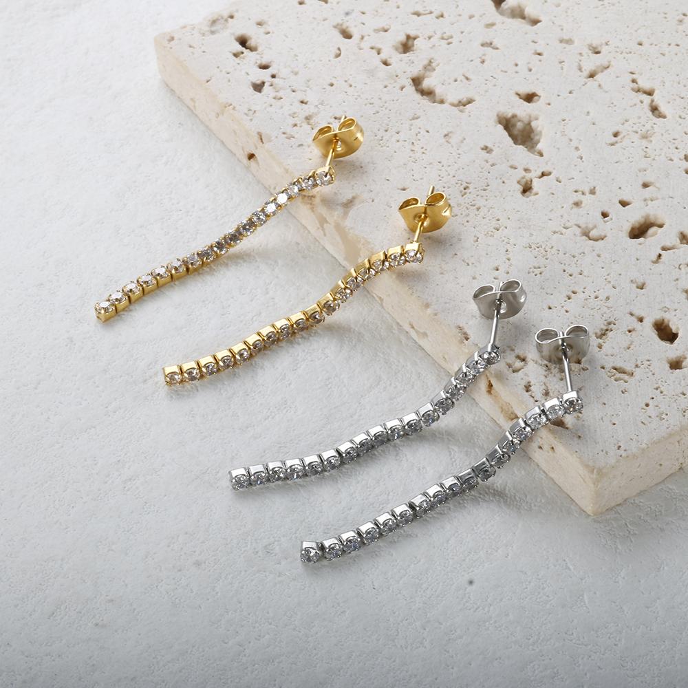 JINHUI Stainless Steel Ear Needle Crystal Long Chain Tassel Stud Earrings For Women Round Cubic Zirconia Drop Earrings Jewelry