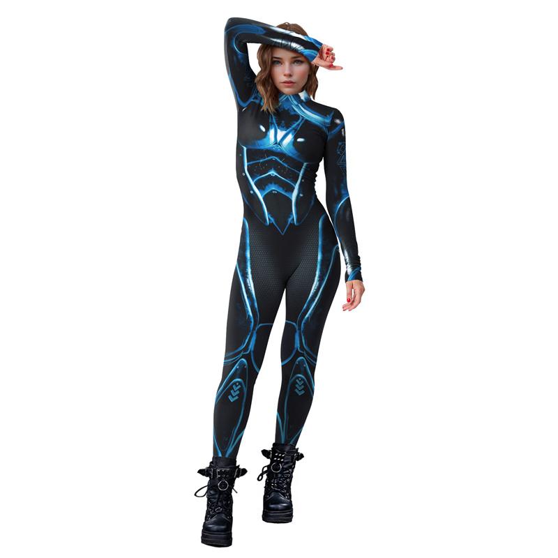 Damen Rollkragen Simulation 3D-Druck Roboter Reißverschluss Bodysuit Ganzkörper-Bodysuit Halloween-Kostüm Strampler Langarm