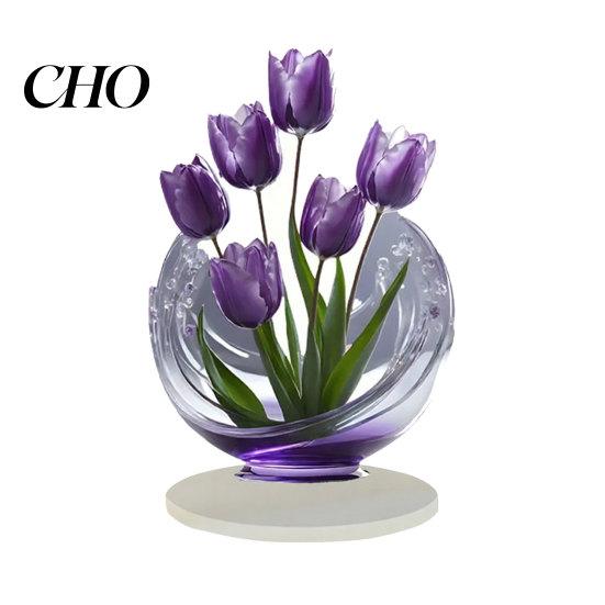 Lightweight Acrylic Decor 2D Tulip Ornament, Realistic Purple Tulips Ornament with Base, Transparent Flat Flower Tabletop Decoration for Home A