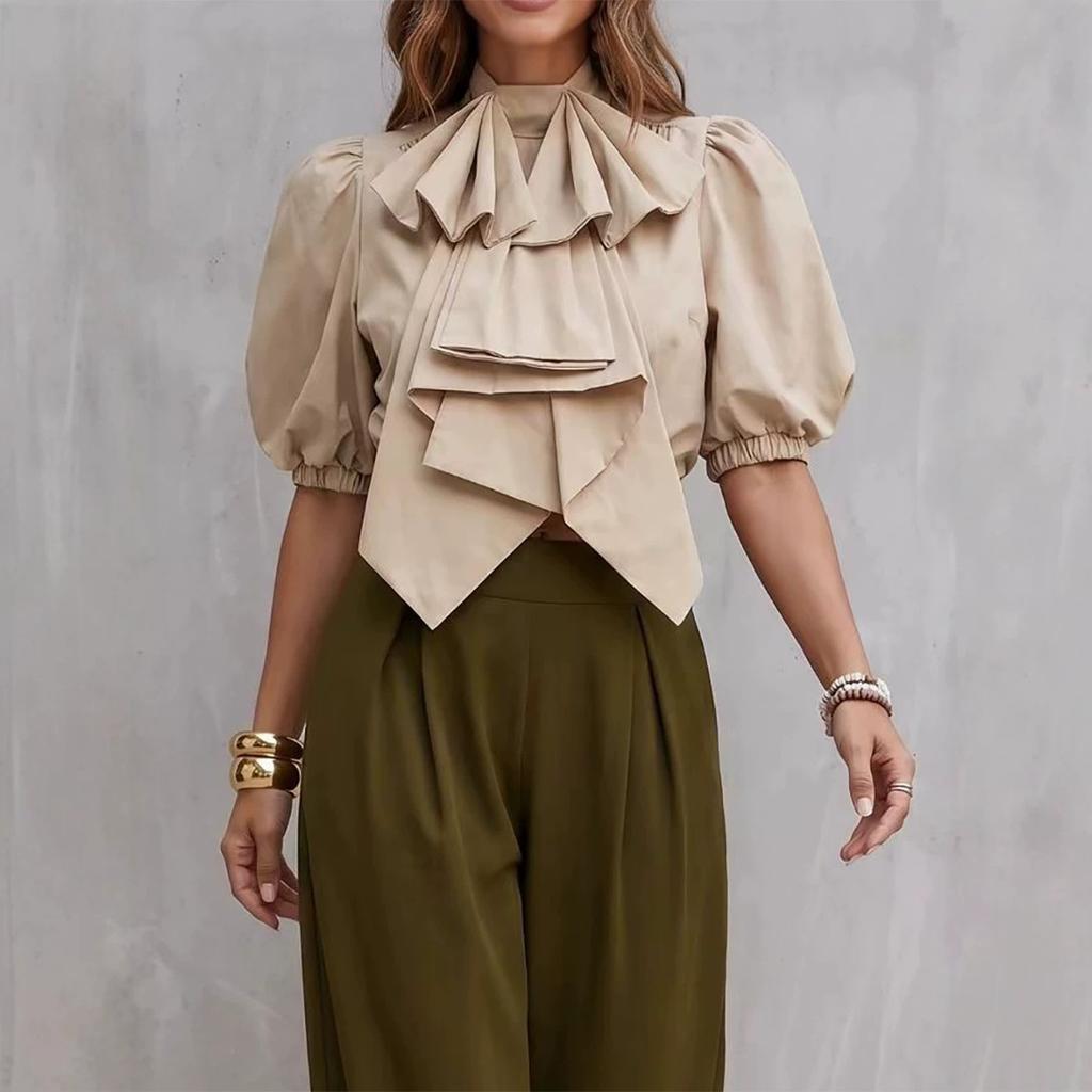 European and American New Design Bow Solid Color Lantern Sleeve Top Stand-up Collar Casual Short Shirt Women