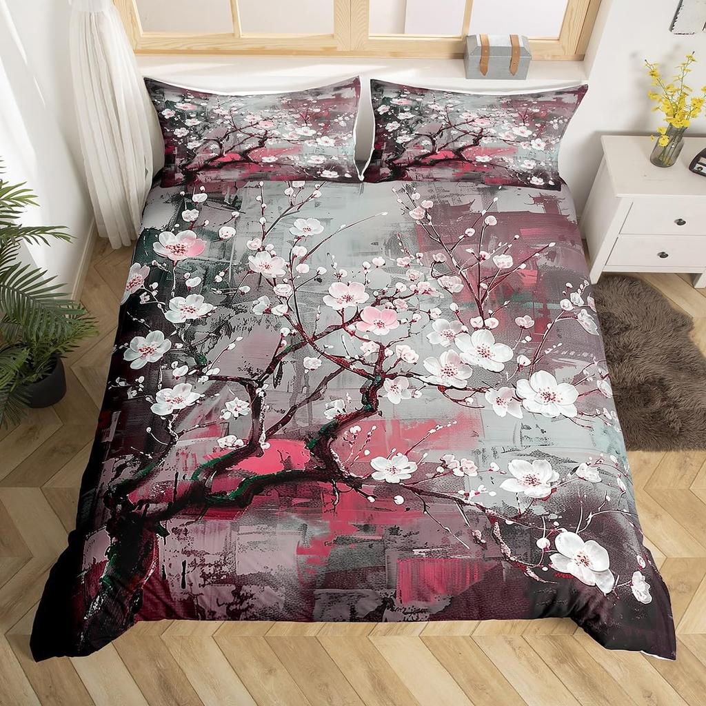 Plum Blosom Floral Soft Duvet Cover Quen King-Sized Dimensionsd Dimensions Ancient Style Red Maple Leaf Natural Scenery Beding Set Rom Decoration 3
