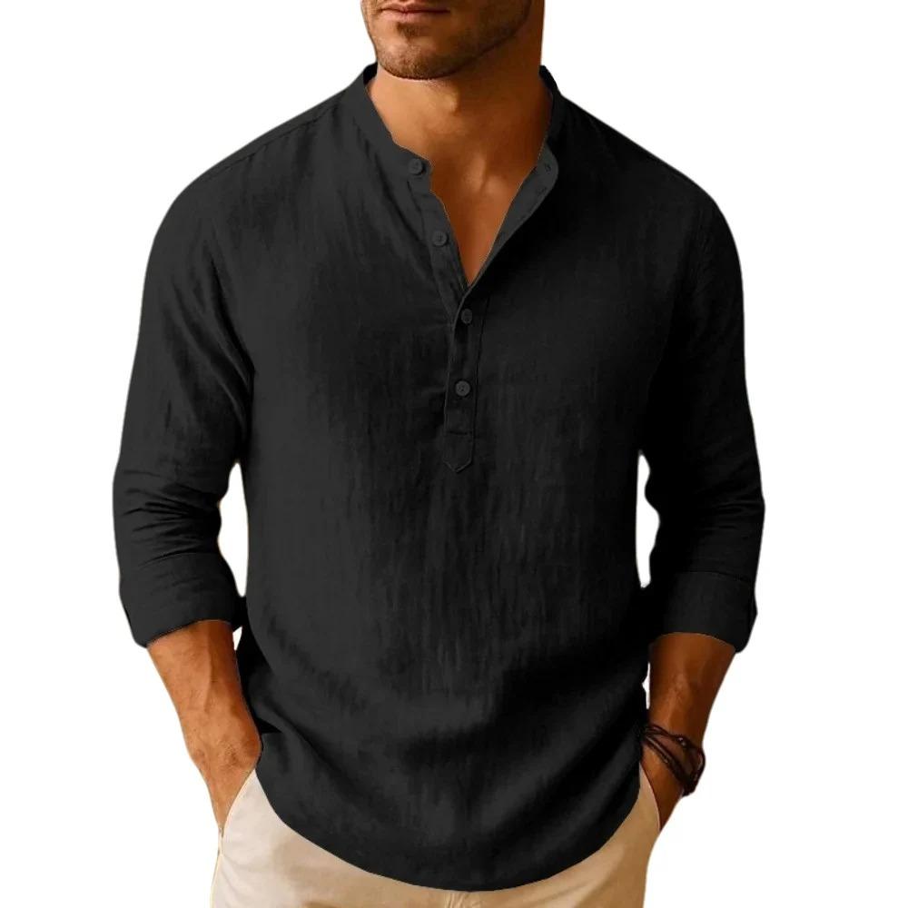 Lightweight Summer Linen Blend Henley Shirt for Men - Breathable Long Sleeve Casual Solid Color Button Tops