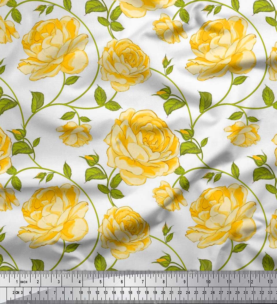 

Тканина Soimoi Japan Crepe Satin Leaves & Rose Floral Print Тканина на метр 42 дюйма 42 Inch Wide - Poly Crepe білий