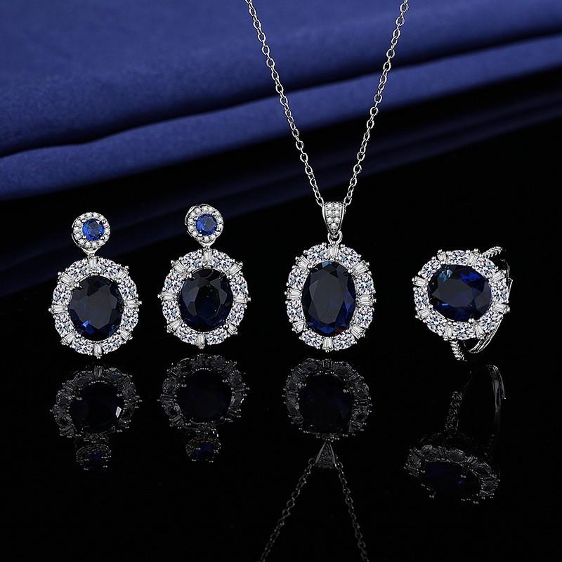 Elegant CZ Gemstone Pendant Necklace Set With Earrings Ring Women Blue Red Yellow Green Purple White Zircon Jewelry
