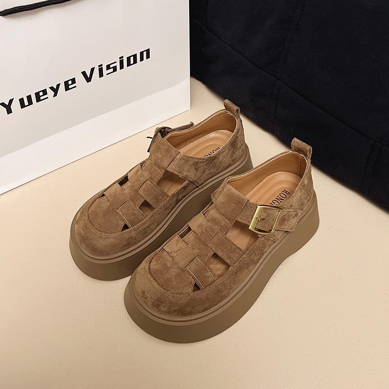 

Сандалии на толстой подошве с полыми каблуками, женские новые весенне-летние туфли на небольшой платформе, универсальные одинарные туфли 40 хаки