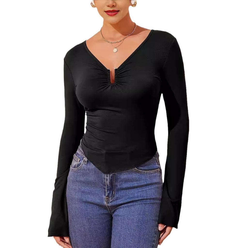 Autumn Winter Solid Slim Base Layer T Shirt Long Sleeve Shirt Women's Sexy V Neck Fashion Daily Basic Office Lady Casual Slim Fit Ladies Elegant Top