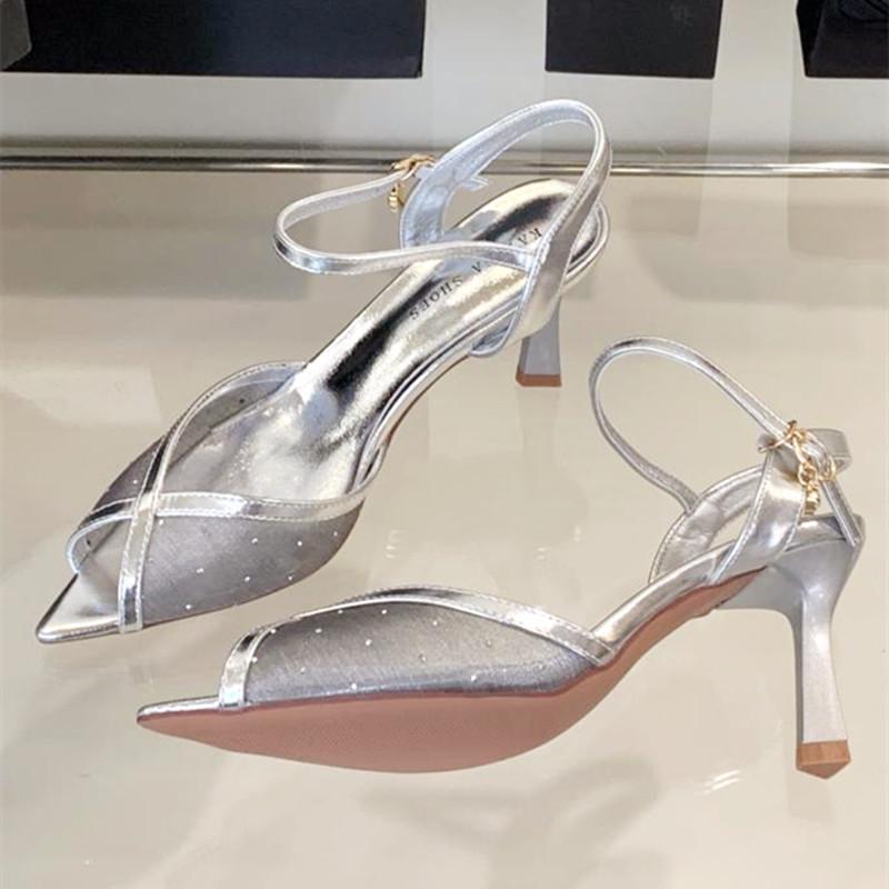 

Fashion Luxury Rhinestone Mesh Pointed Toe Women Sandals Summer Fashion Open-toe Thin Heel Sandal Comfortable Non-slip Heels for Women 40 серебряный