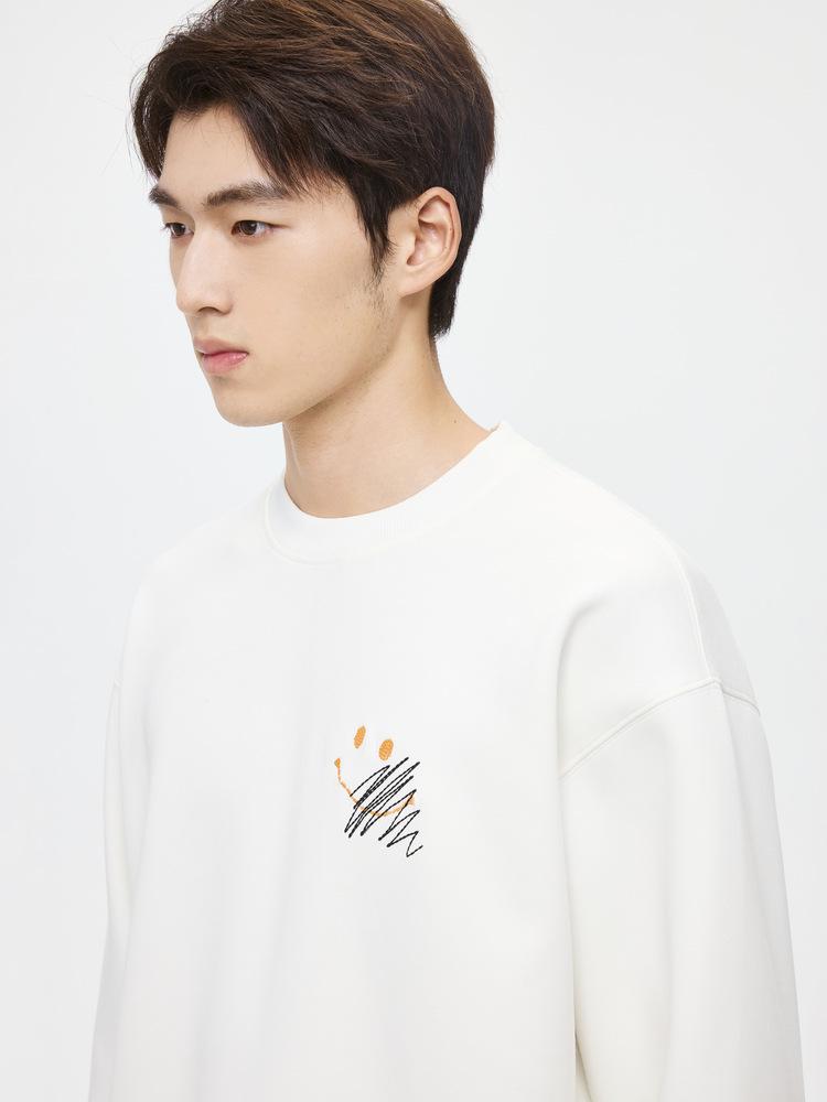 Men's White Embroidered Round Neck Hoodie - Spring/Autumn 2025, Slightly Loose Fit, Long Sleeve