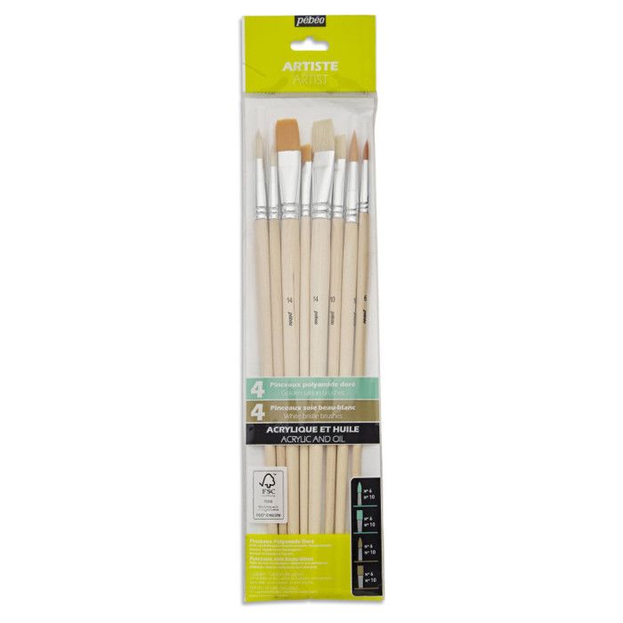 8 Brushes - Flat - Round - Acrylic and Oil - Synthetic and Natural Fibers - Long Handle - Pébéo