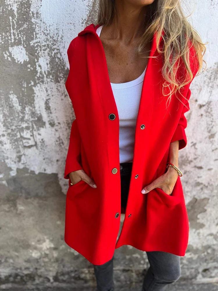 2025 Women's Solid Color Hooded Casual Jacket with Single-Breasted Design