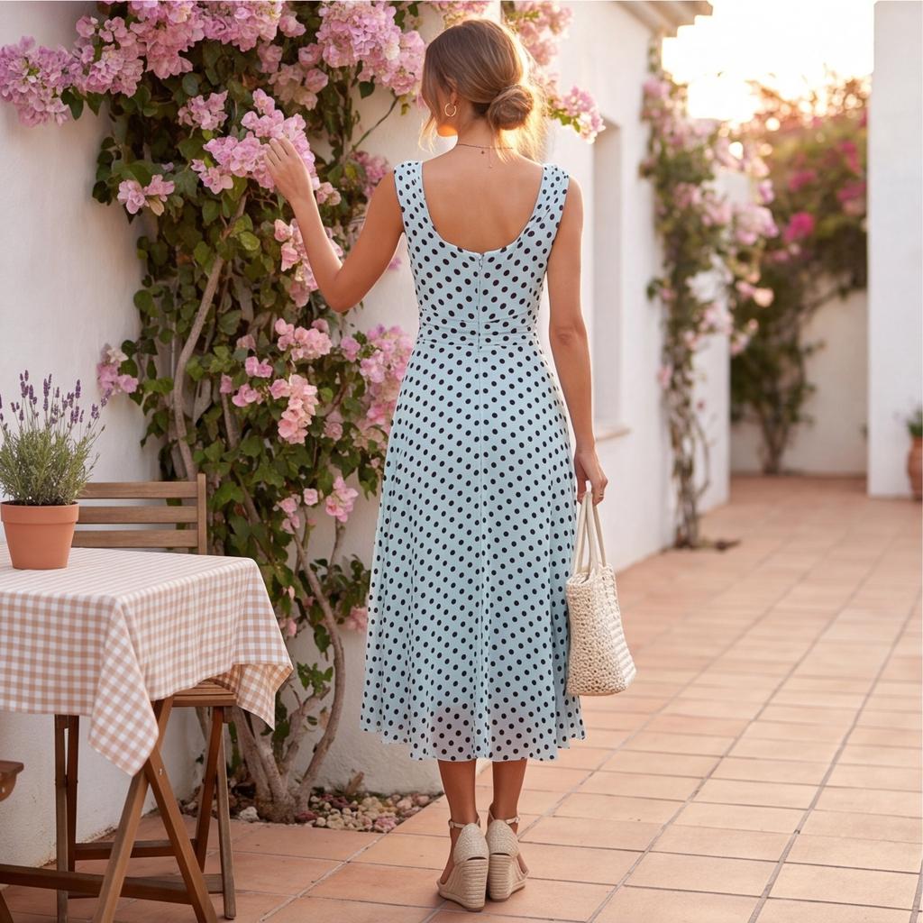Women Sleeveless Polka Dot Style Midi Dress Elegant A Line Fit and Flare Lightweight Summer Dress for Daily Wear