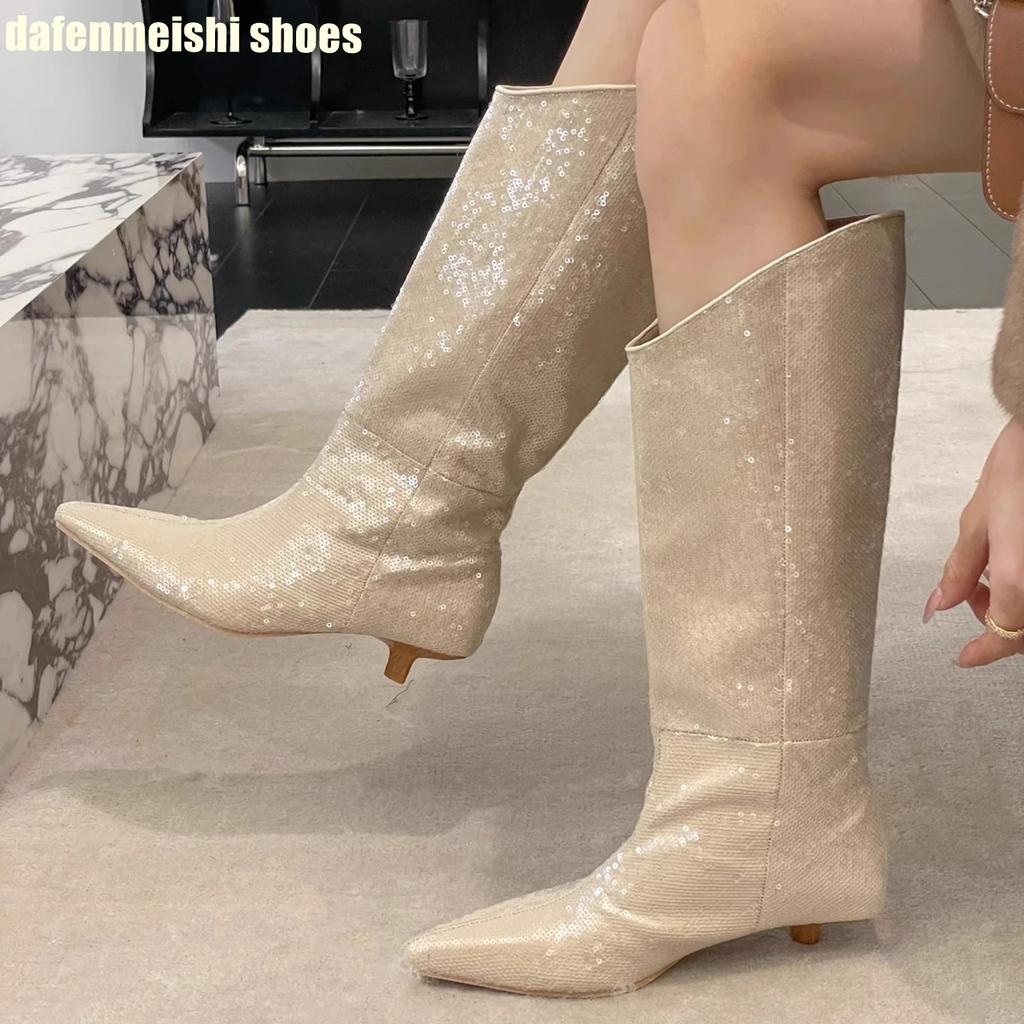 Fashion Pointed Toe Long Boots for Women Autumn Winter 2025 New Sequined Shiny Sexy Mid Calf Boots Kitten Heel Boots Bling Knight Boots