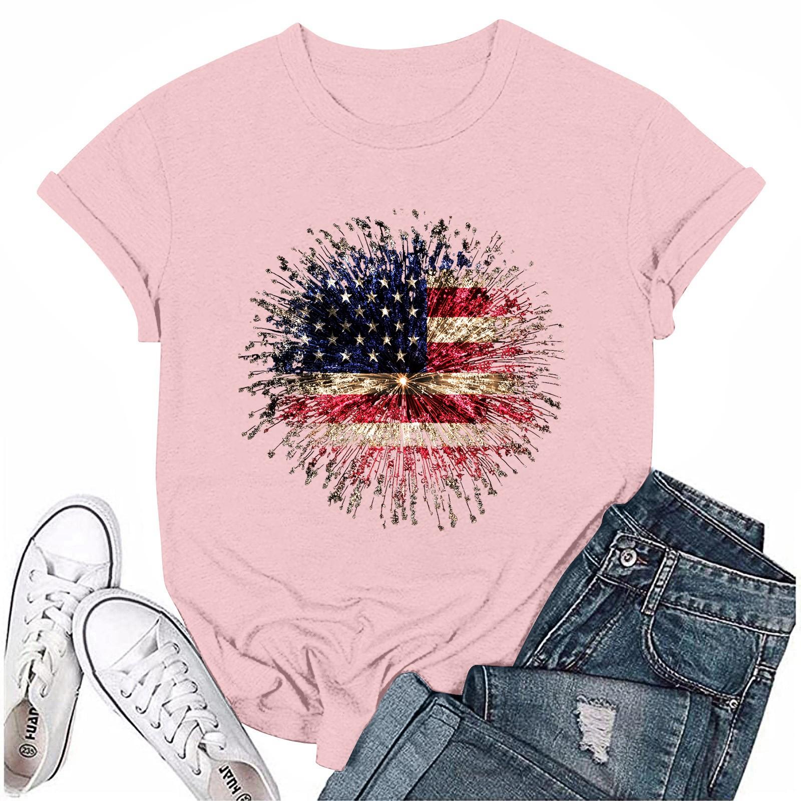 

Adults Casual Daily Round Neck Independence Day Printed Short Sleeved T-shirt Letter Top L рожевий