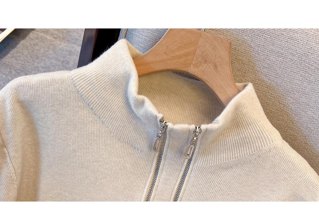 Gray Women's Knitted Sweater, Half-High Collar, Zipper Jacket, 2026 Spring Style - Versatile Base Layer or Outerwear