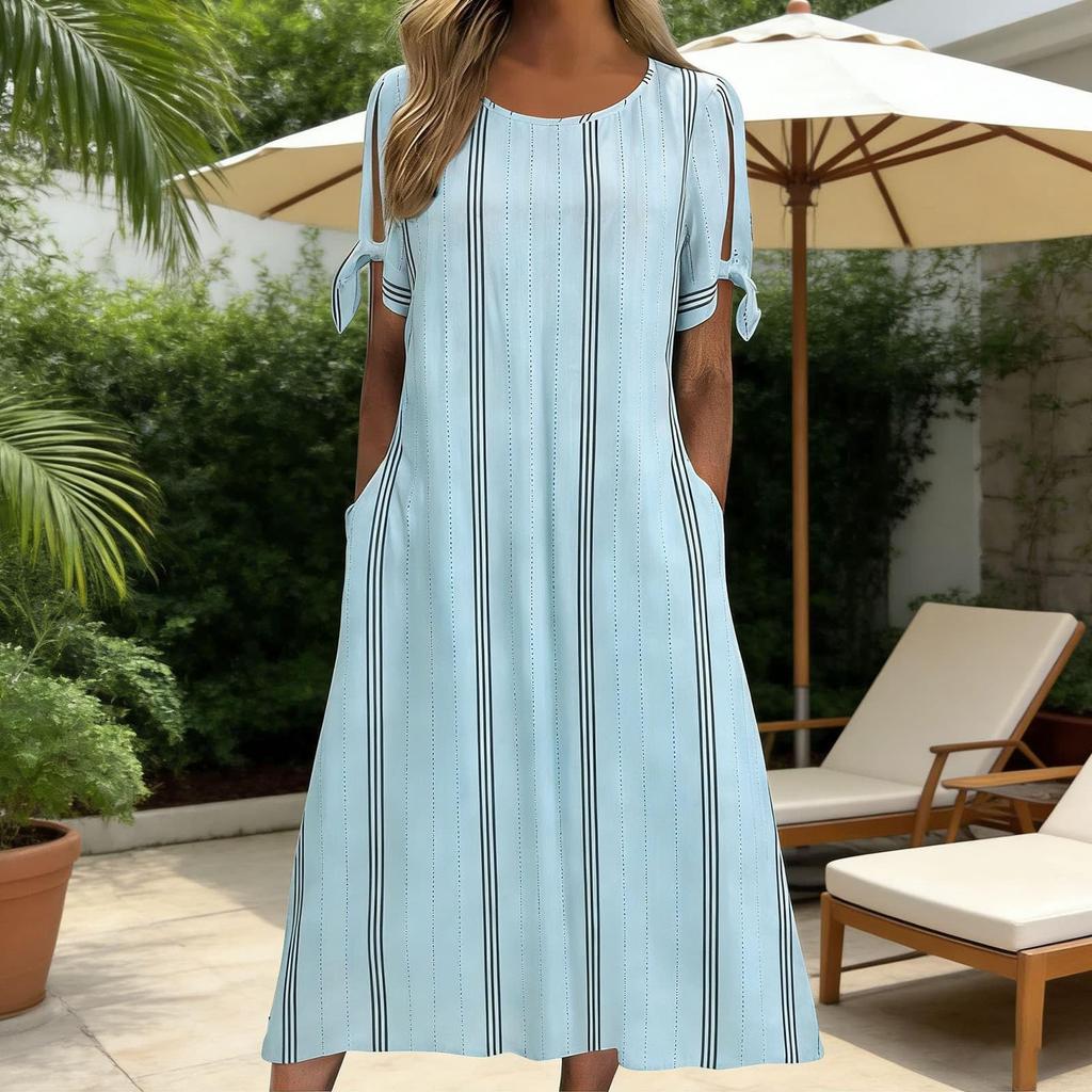 Women Summer Casual Round Neck Striped Dress Short Sleeve Loose Fit Midi Dress with Side Tie Sleeves and Pockets