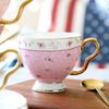 Floral Pattern Coffee Cup with Golden Handle, Light Luxury Bone China Cup Saucers and Spoon, Gold Trim Ceramic Teacup Exquisite Tea Sets,200ml