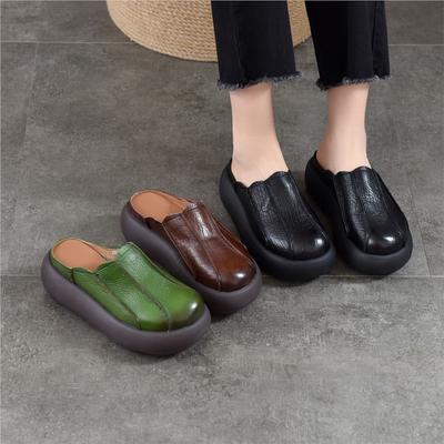 Vintage Genuine Leather Thick Soled Outdoor Slippers Round Toe Women's Slip-on Shoes