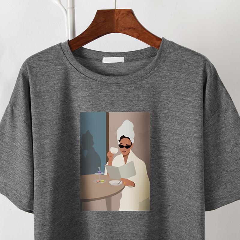 Hirsionsan T-shirt i bomull med löst tryck Dam Sommar Casual Nya Koreanska Trendiga Kortärmade T-shirts Kvinna Cool Girl Ins Toppar