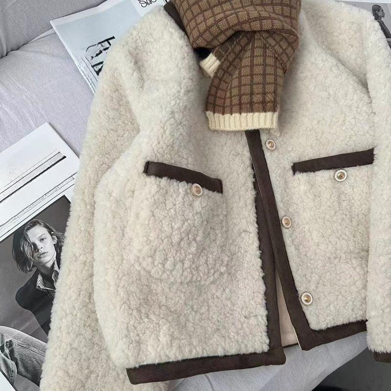 

Женское зимнее модное короткое пальто из стриженой овчины, цветной блок, куртка из искусственного меха, повседневная верхняя одежда L бежевый